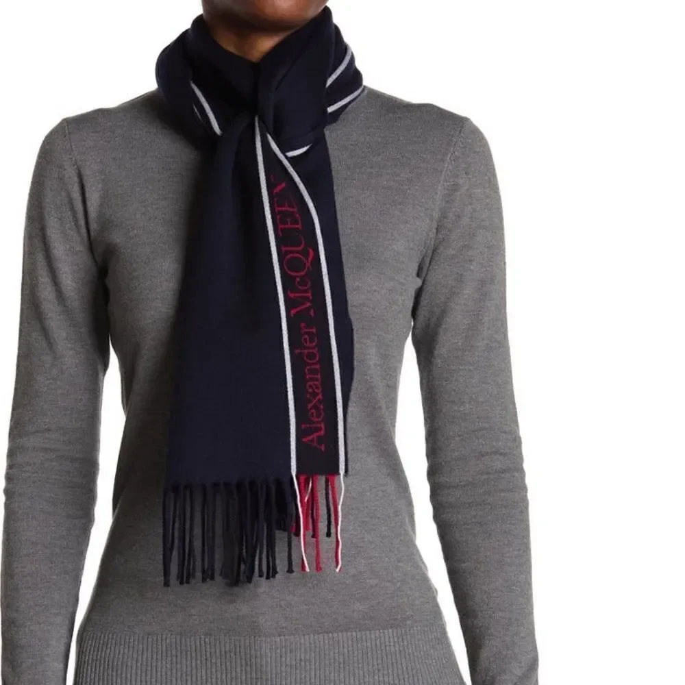 Alexander McQueen Fringe Wool & Cashmere Scarf Blue NWT MSRP $425